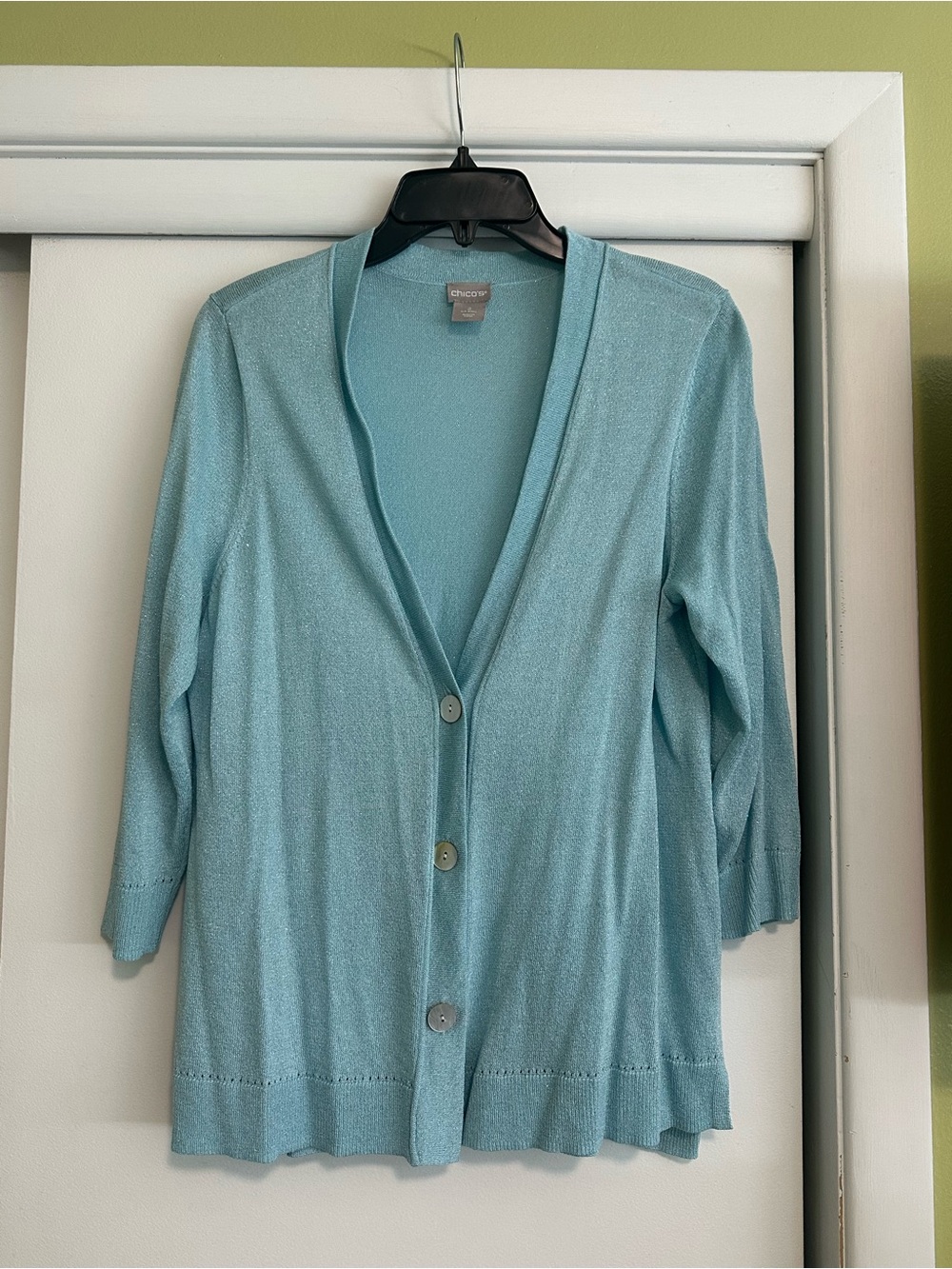 Chico's Aqua Sparkle Button-Front Cardigan